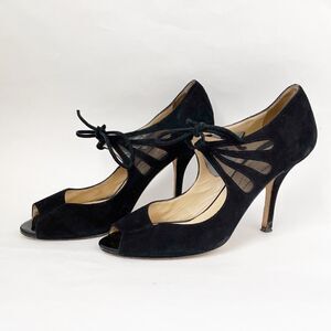 Kate Spade New York Suede Mesh Tie Peep Toe Heels Size Six Black Butterfly